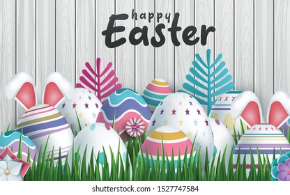Happy Easter Card with Eggs, Grass, Flowers. Vector illustration