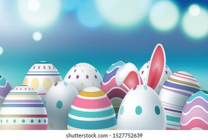 Happy Easter Card with Eggs, Grass, Flowers & Bokeh Effect. Vector illustration