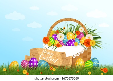 Happy Easter Card with Eggs, Grass, Flowers and Basket with flowers on background of the sky with clouds. Dew on which is written Happy Easter