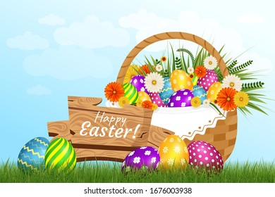 Happy Easter Card with Eggs, Grass, Flowers and Basket with flowers on background of the sky with clouds. Vector illustration