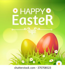 Happy Easter Card with Eggs, Grass, Flowers & Bokeh Effect. Vector illustration