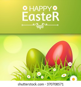 Happy Easter Card with Eggs, Grass, Flowers & Bokeh Effect. Vector illustration