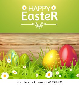 Happy Easter Card with Eggs, Grass, Flowers & Wood Texture. Vector illustration