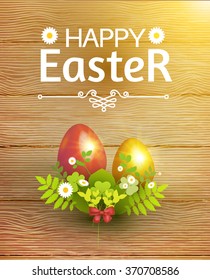 Happy Easter Card with Eggs, Grass, Flowers & Wood Texture. Vector illustration
