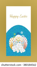 Happy Easter Card with Eggs, Grass, Flowers.  