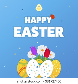 Happy Easter Card with Eggs, Grass, Flowers. 
