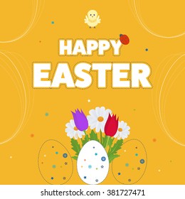 Happy Easter Card with Eggs, Grass, Flowers.