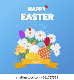 Happy Easter Card with Eggs, Grass, Flowers.  