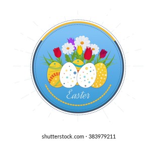 Happy Easter Card with Eggs, Grass, Flowers.