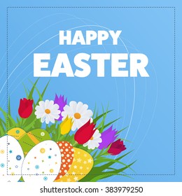 Happy Easter Card with Eggs, Grass, Flowers.  