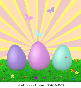 Happy Easter Card with Eggs, Grass, Flowers, Butterflies and Beetles. Vector illustration