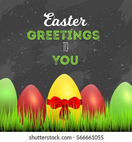Happy Easter Card with Eggs in Grass on dark chalkboard with lettering. Greeting Vector illustration for banner, promotion