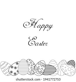 Happy Easter card with easter eggs and greetings. Easter eggs composition black on white background. Vector design