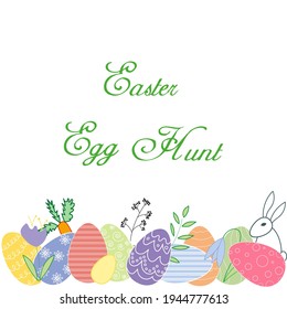 Feliz tarjeta de Pascua con huevos de Pascua y saludos con fondo blanco. Diseño de vectores