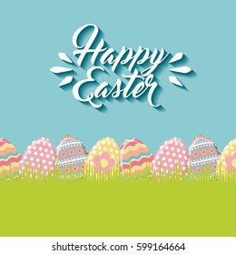 happy easter card with eggs hanging over blue background. colorful desing. vector illustration