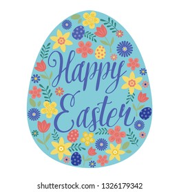 Happy Easter card with eggs, leaves, flowers and daffodils .