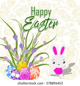 Happy Easter card with eggs, lowers and bunny