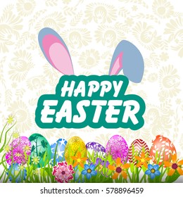 Happy Easter card with eggs, lowers and bunny