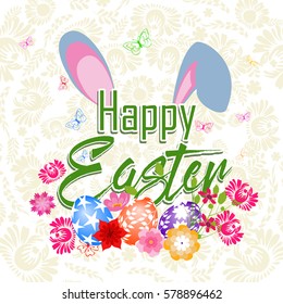 Happy Easter card with eggs, lowers and bunny