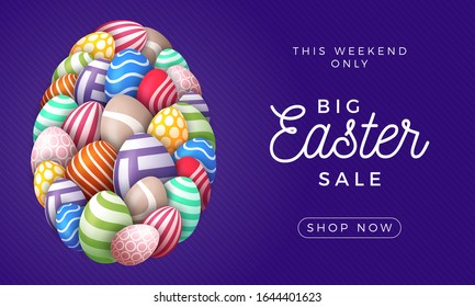 Happy easter card with eggs. Many beautiful multi-colored realistic eggs are laid out in the shape of a large egg. Vector illustration for easter on purpe background.