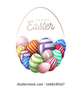 Happy easter card with eggs. Many beautiful multi-colored realistic eggs are laid out in the shape of a large egg. Vector illustration for easter on white background.