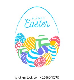 Feliz tarjeta de Pascua con huevos. Muchos hermosos huevos planos, multicolores y realistas, están dispuestos en forma de huevo grande. Ilustración vectorial para Semana Santa sobre fondo blanco.