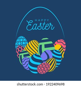 Happy easter card with eggs. Many beautiful flat multi-colored flat eggs are laid out in the shape of a large egg. Vector illustration for easter on blue background.