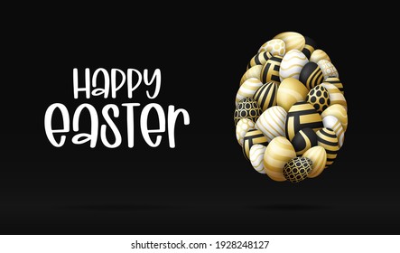 Happy easter card with eggs. Many beautiful golden realistic egg are laid out in the shape of a large egg. Vector illustration for easter on black background.