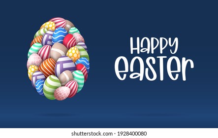 Happy easter card with eggs. Many beautiful realistic egg are laid out in the shape of a large egg. Vector illustration for easter on black background.