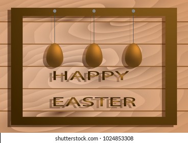 Happy Easter card with eggs on wooden background. Colorful vector illustration.