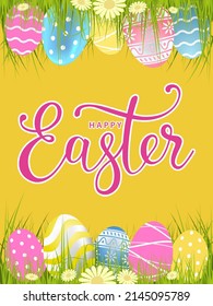 Happy easter card with eggs on the green grass and lettering