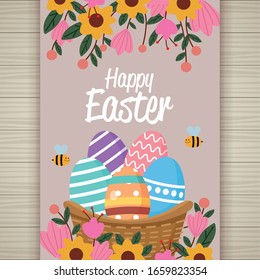 Happy easter card with eggs painted in basket vector illustration design