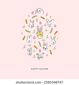 Happy Easter card, Easter eggs poster, hand drawn bunny