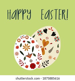 Happy Easter card. Eggs with print inspired by Russian folk traditional ornament.  For gift cards, textile, paper, fabric print.