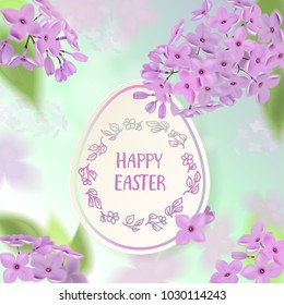Happy Easter card with eggs, rabbit, spring flowers, green grass and blue sky. Vector illustration