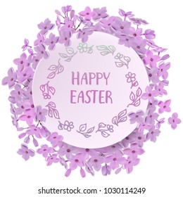 Happy Easter card with eggs, rabbit, spring flowers, green grass and blue sky. Vector illustration