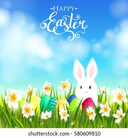 Happy Easter card with eggs, rabbit, spring flowers, daffodil narcissus, green grass and blue sky, lettering, calligraphy. Vector illustration EPS10.