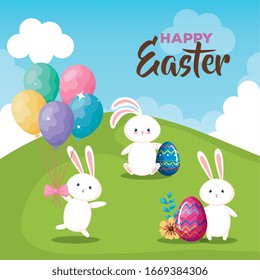 happy easter card with eggs and rabbits vector illustration design