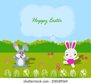 Happy Easter card with eggs and rabbits