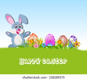 Happy Easter card with eggs and rabbits