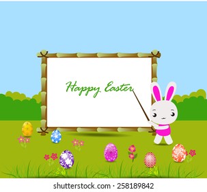 Happy Easter card with eggs and rabbits nearby wood board                