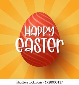 Happy easter card with eggs. Red realistic egg on yellow background. Vector illustration for easter card