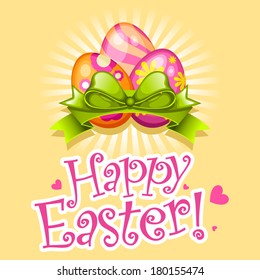 Happy Easter card with Easter eggs and ribbon