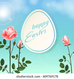 Happy Easter card with eggs, roses flowers, lettering