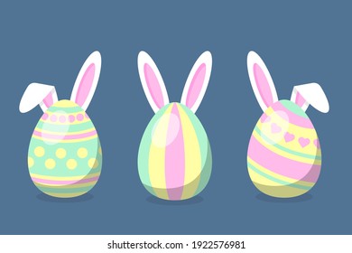 Happy easter card. Eggs set with different patterns. Vector flat illustration. Eggs with bunny ears