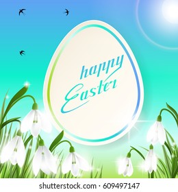 Happy Easter card with eggs, spring flowers, green grass and blue sky, lettering, calligraphy. Vector illustration EPS10.