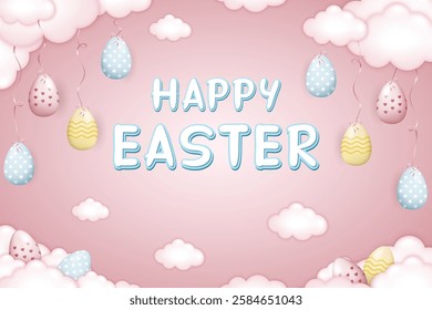Happy Easter card, Easter eggs tied with ribbons to the clouds on soft pink background with fluffy clouds