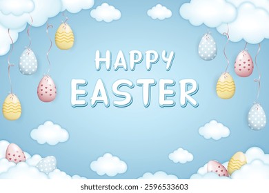 Happy Easter card, Easter eggs tied with ribbons to the clouds on soft blue background with fluffy clouds, vector eazy to edit illustration