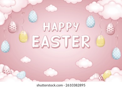 Happy Easter card, Easter eggs tied with ribbons to the clouds on soft pink background with fluffy clouds