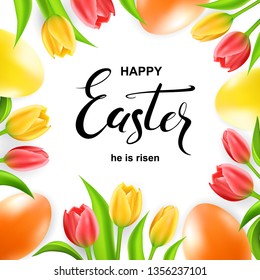 Happy Easter card with eggs, tulips and calligraphy.